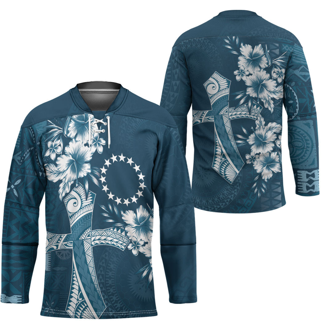 Kia Orana Cook Islands Tapa Floral With Cross Hockey Jersey Navy Blue LT7 - Polynesian Pride