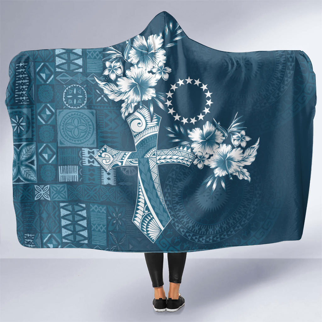 Kia Orana Cook Islands Tapa Floral With Cross Hooded Blanket Navy Blue LT7 One Size Navy Blue - Polynesian Pride