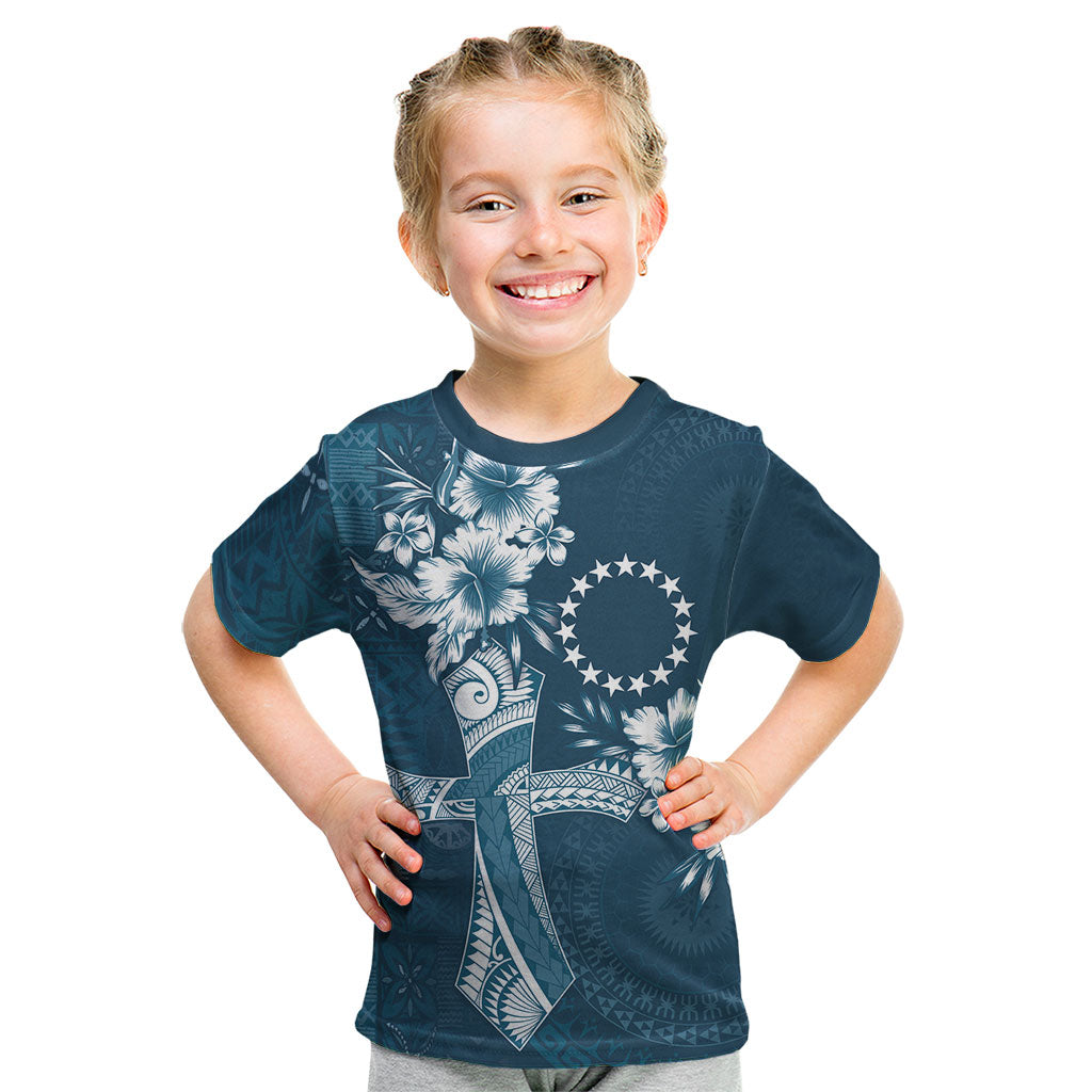 Kia Orana Cook Islands Tapa Floral With Cross Kid T Shirt Navy Blue LT7 Navy Blue - Polynesian Pride