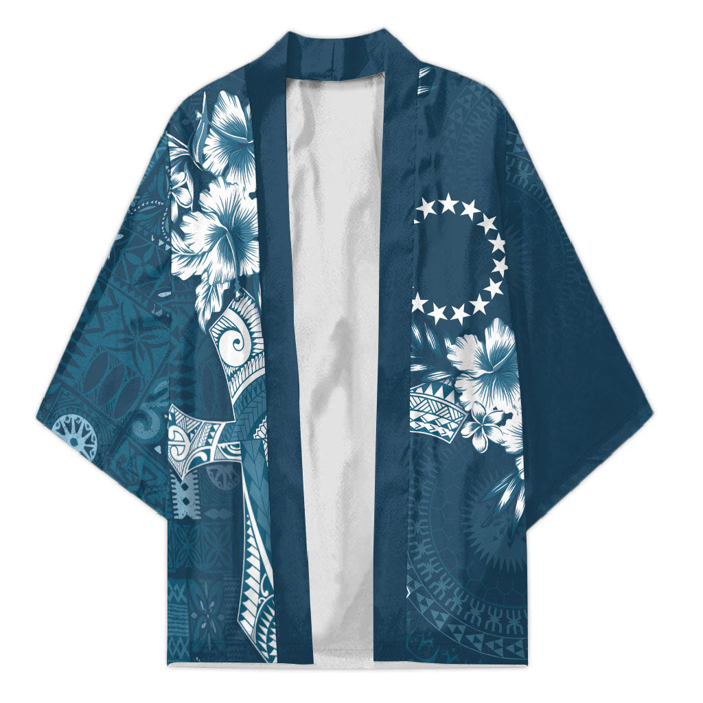 Kia Orana Cook Islands Tapa Floral With Cross Kimono Navy Blue