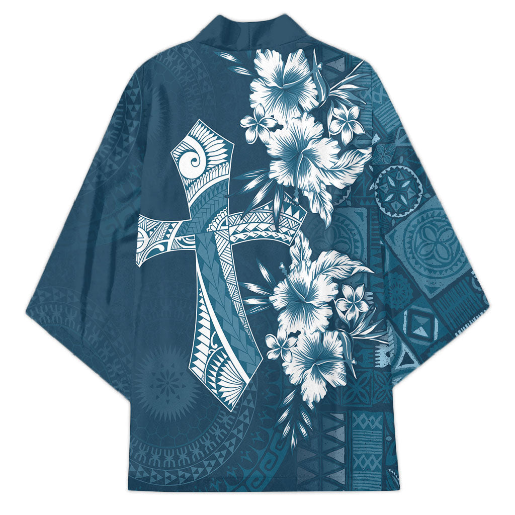 Kia Orana Cook Islands Tapa Floral With Cross Kimono Navy Blue