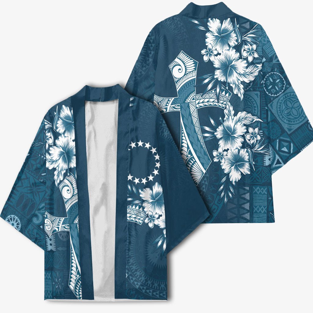 Kia Orana Cook Islands Tapa Floral With Cross Kimono Navy Blue
