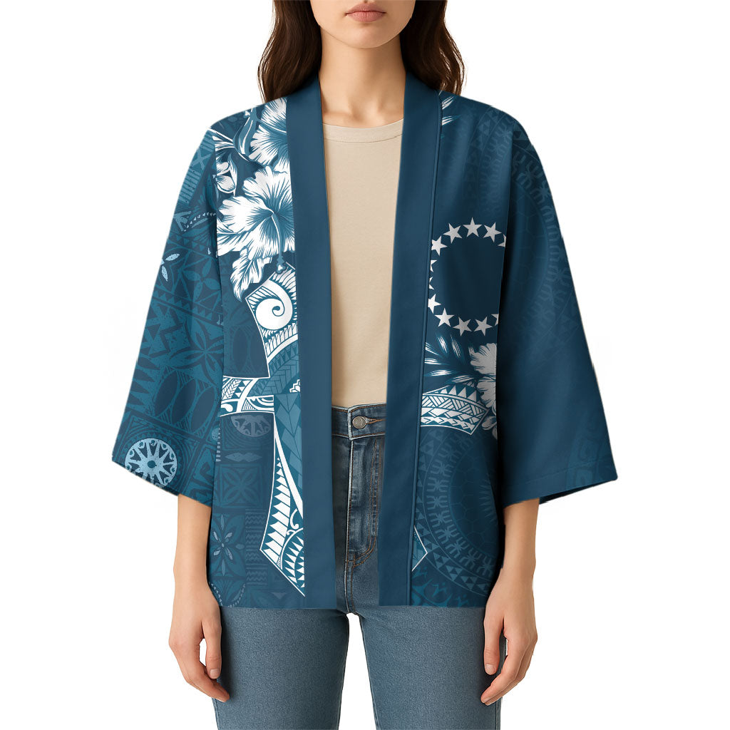 Kia Orana Cook Islands Tapa Floral With Cross Kimono Navy Blue