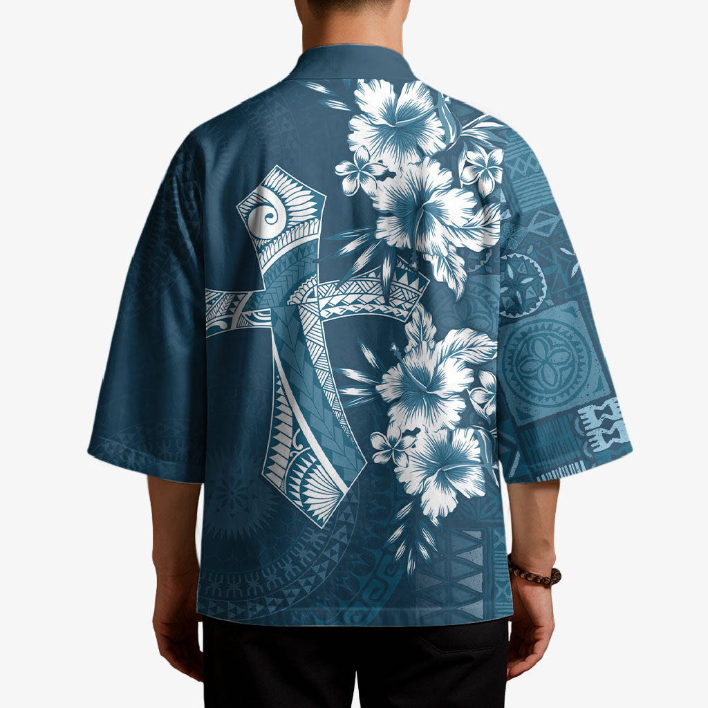 Kia Orana Cook Islands Tapa Floral With Cross Kimono Navy Blue