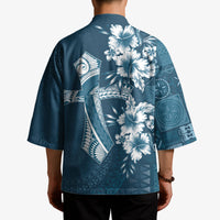 Kia Orana Cook Islands Tapa Floral With Cross Kimono Navy Blue