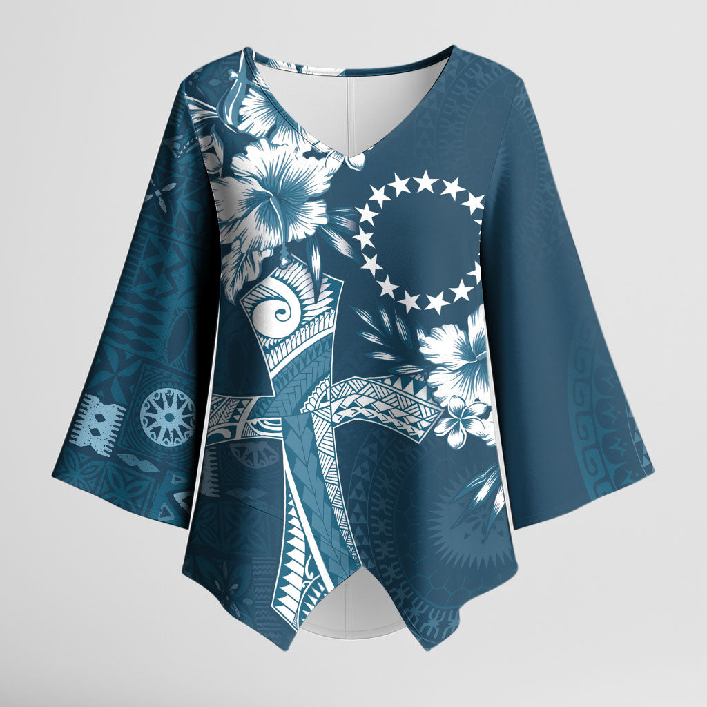 Kia Orana Cook Islands Tapa Floral With Cross Kimono Sleeve Blouse Navy Blue LT7 Female Navy Blue - Polynesian Pride