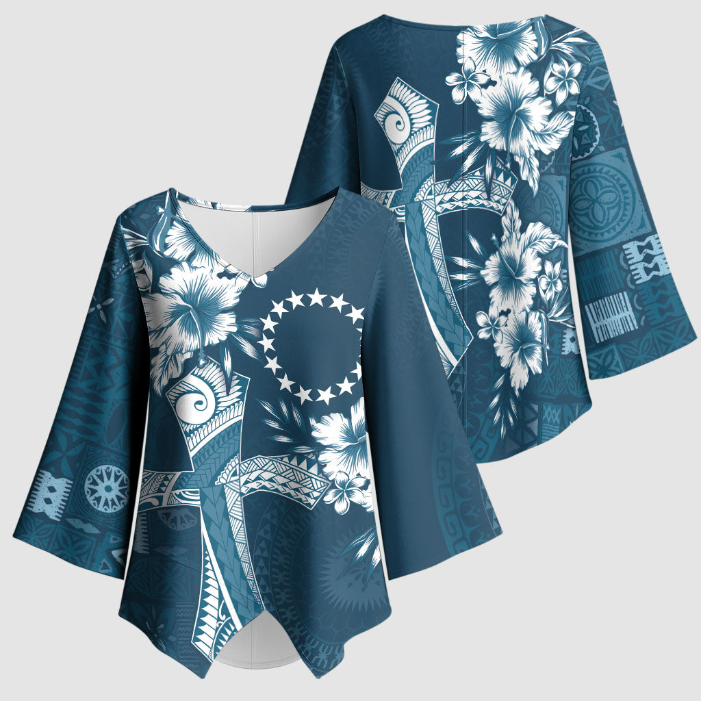 Kia Orana Cook Islands Tapa Floral With Cross Kimono Sleeve Blouse Navy Blue LT7 - Polynesian Pride