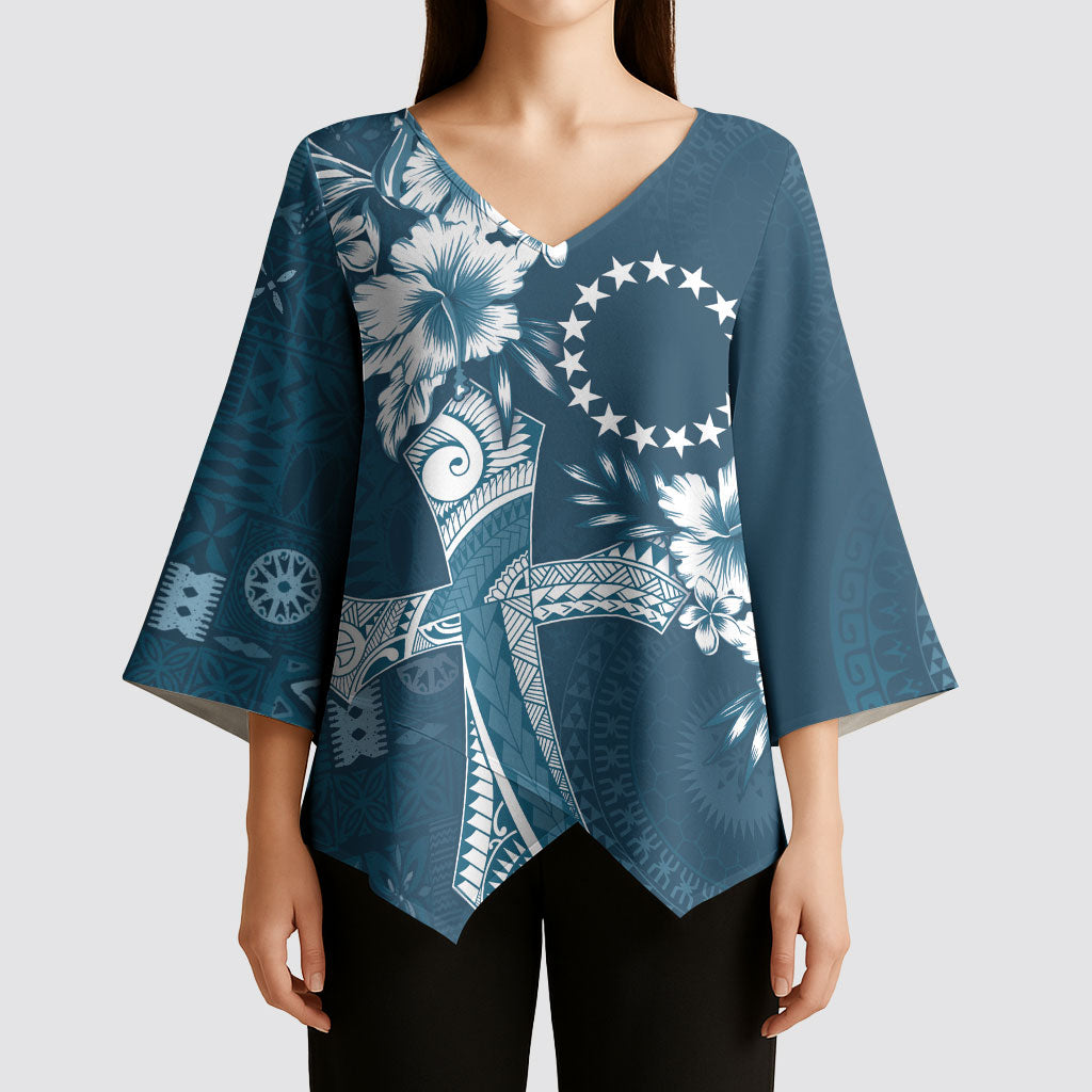 Kia Orana Cook Islands Tapa Floral With Cross Kimono Sleeve Blouse Navy Blue LT7 - Polynesian Pride