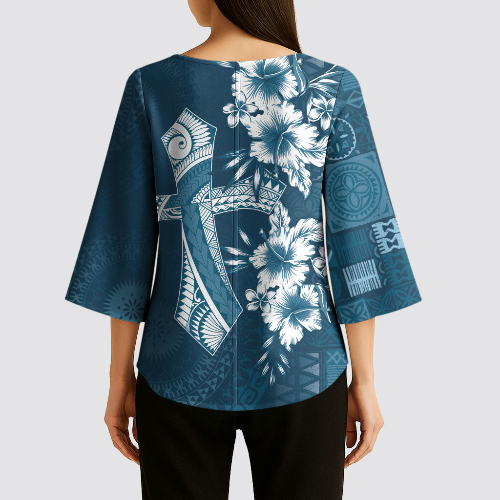 Kia Orana Cook Islands Tapa Floral With Cross Kimono Sleeve Blouse Navy Blue LT7 - Polynesian Pride