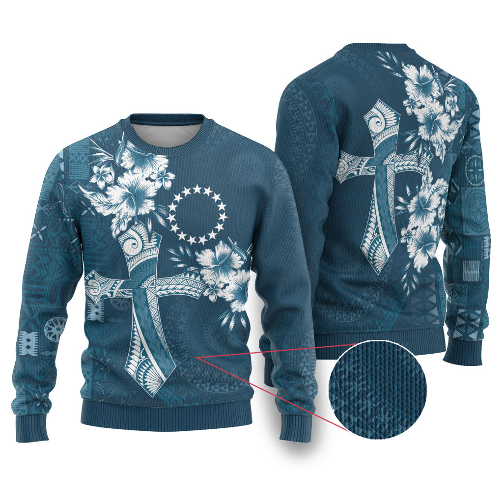 Kia Orana Cook Islands Tapa Floral With Cross Ugly Christmas Sweater Navy Blue LT7 Navy Blue - Polynesian Pride