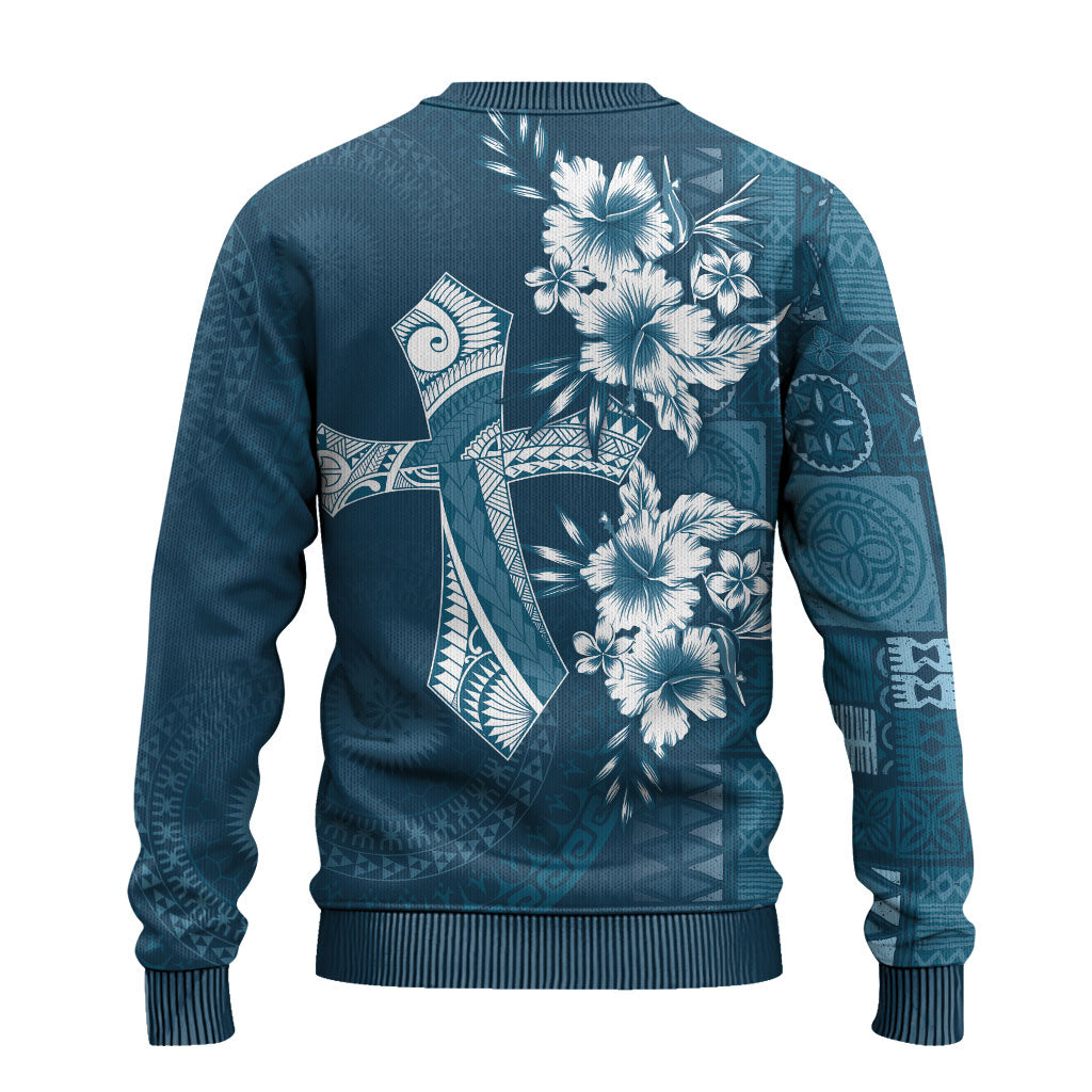 Kia Orana Cook Islands Tapa Floral With Cross Ugly Christmas Sweater Navy Blue LT7 - Polynesian Pride