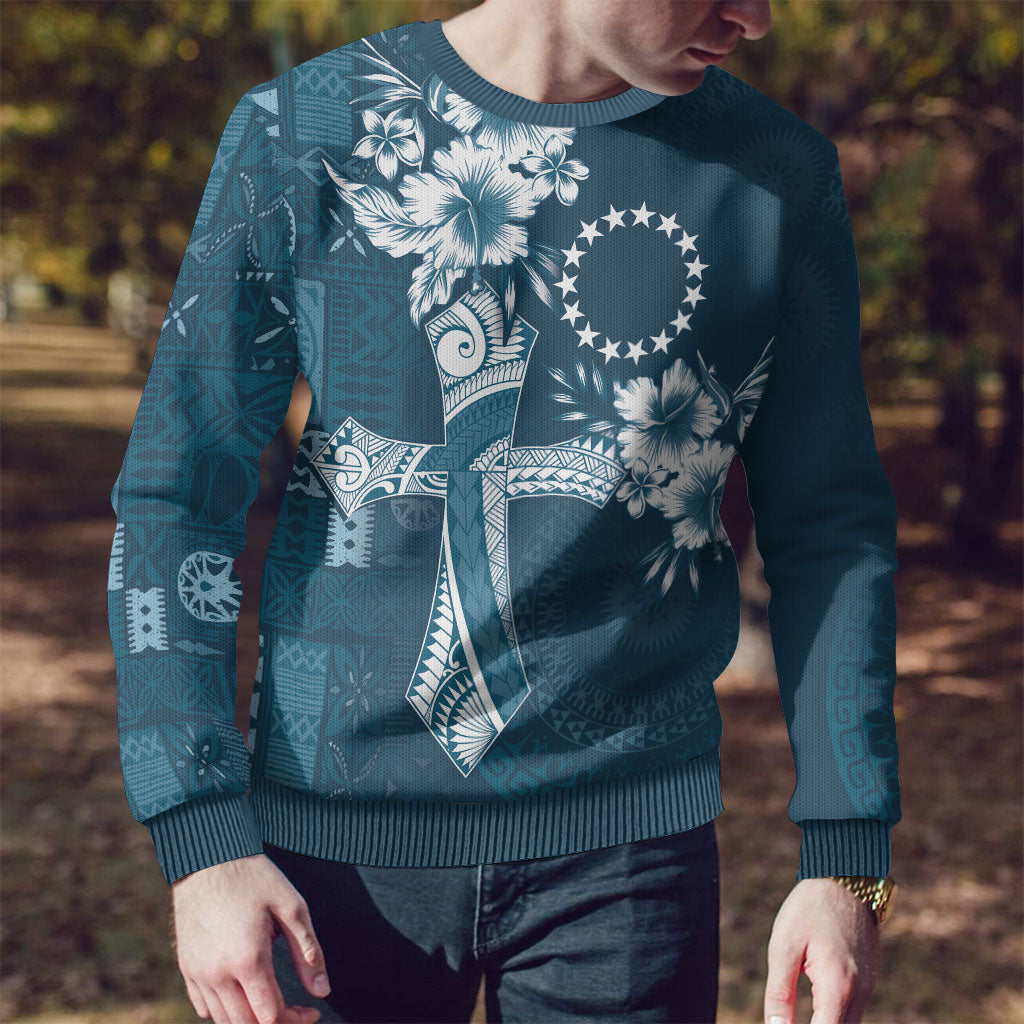 Kia Orana Cook Islands Tapa Floral With Cross Ugly Christmas Sweater Navy Blue LT7 - Polynesian Pride