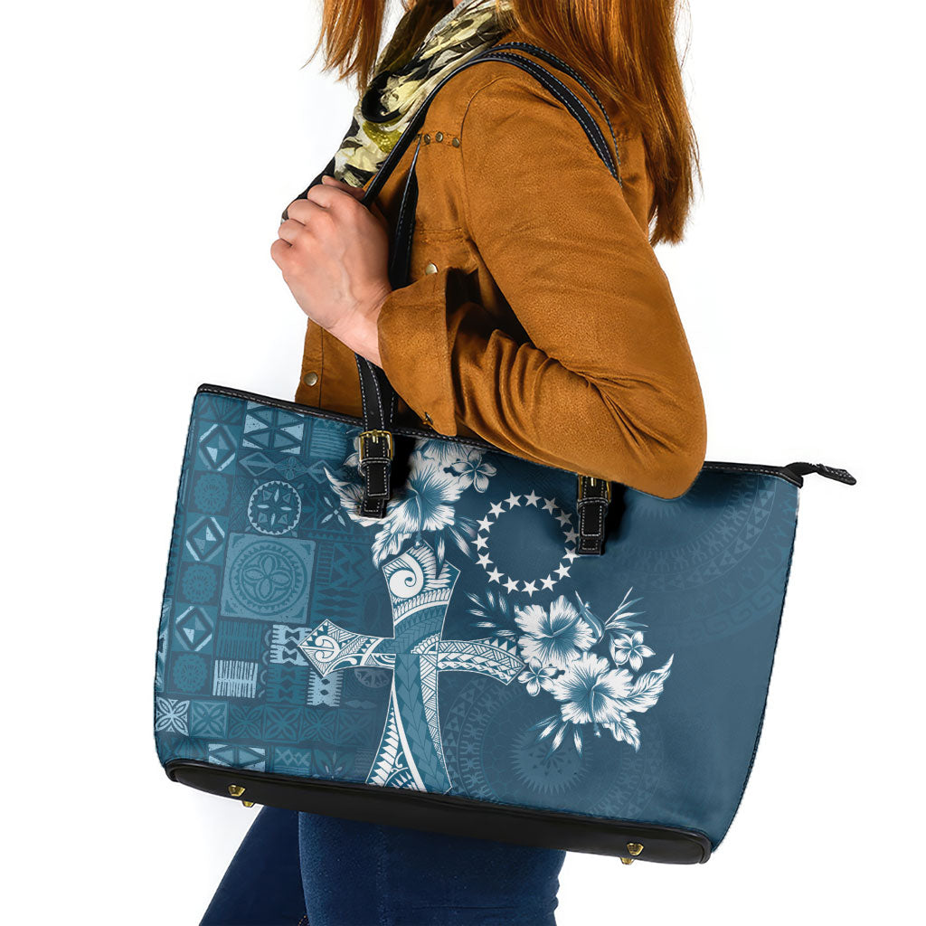 Kia Orana Cook Islands Tapa Floral With Cross Leather Tote Bag Navy Blue LT7 Navy Blue - Polynesian Pride