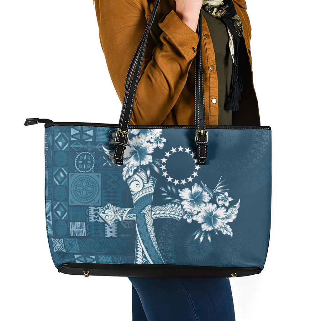 Kia Orana Cook Islands Tapa Floral With Cross Leather Tote Bag Navy Blue LT7 - Polynesian Pride