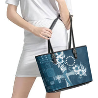 Kia Orana Cook Islands Tapa Floral With Cross Leather Tote Bag Navy Blue LT7 - Polynesian Pride