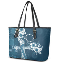 Kia Orana Cook Islands Tapa Floral With Cross Leather Tote Bag Navy Blue LT7 - Polynesian Pride