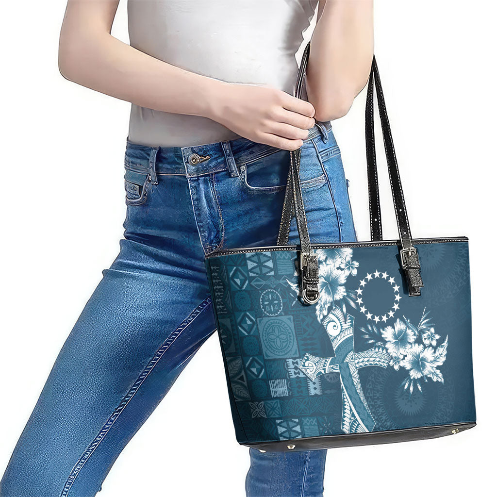 Kia Orana Cook Islands Tapa Floral With Cross Leather Tote Bag Navy Blue LT7 - Polynesian Pride