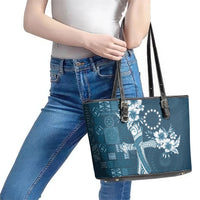Kia Orana Cook Islands Tapa Floral With Cross Leather Tote Bag Navy Blue LT7 - Polynesian Pride