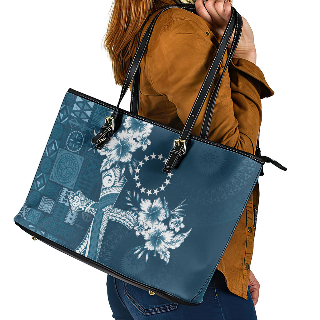 Kia Orana Cook Islands Tapa Floral With Cross Leather Tote Bag Navy Blue LT7 - Polynesian Pride