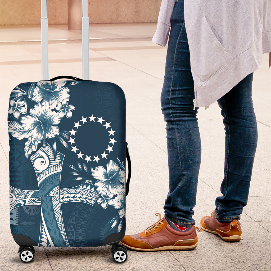 Kia Orana Cook Islands Tapa Floral With Cross Luggage Cover Navy Blue LT7 Navy Blue - Polynesian Pride