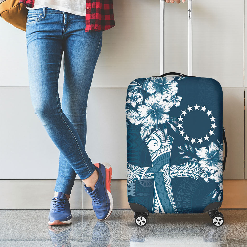 Kia Orana Cook Islands Tapa Floral With Cross Luggage Cover Navy Blue LT7 - Polynesian Pride