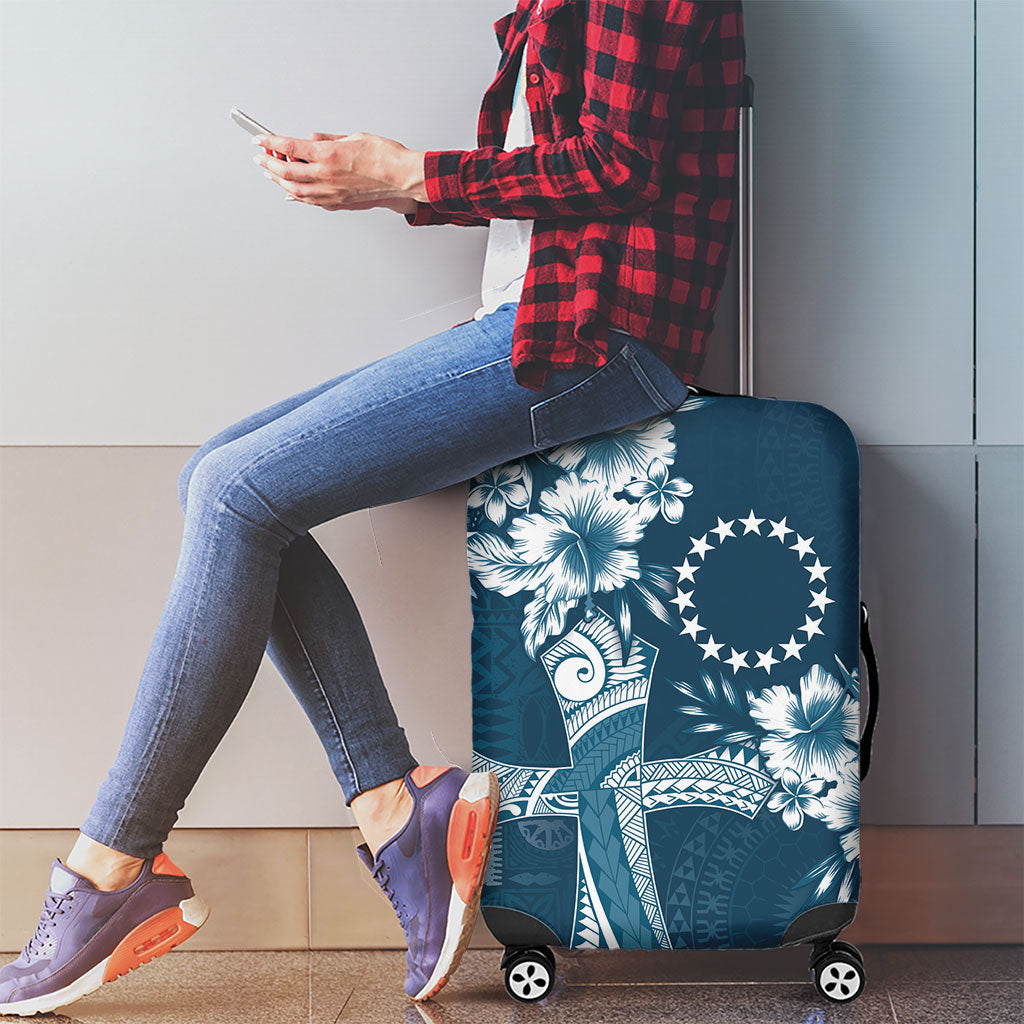 Kia Orana Cook Islands Tapa Floral With Cross Luggage Cover Navy Blue LT7 - Polynesian Pride