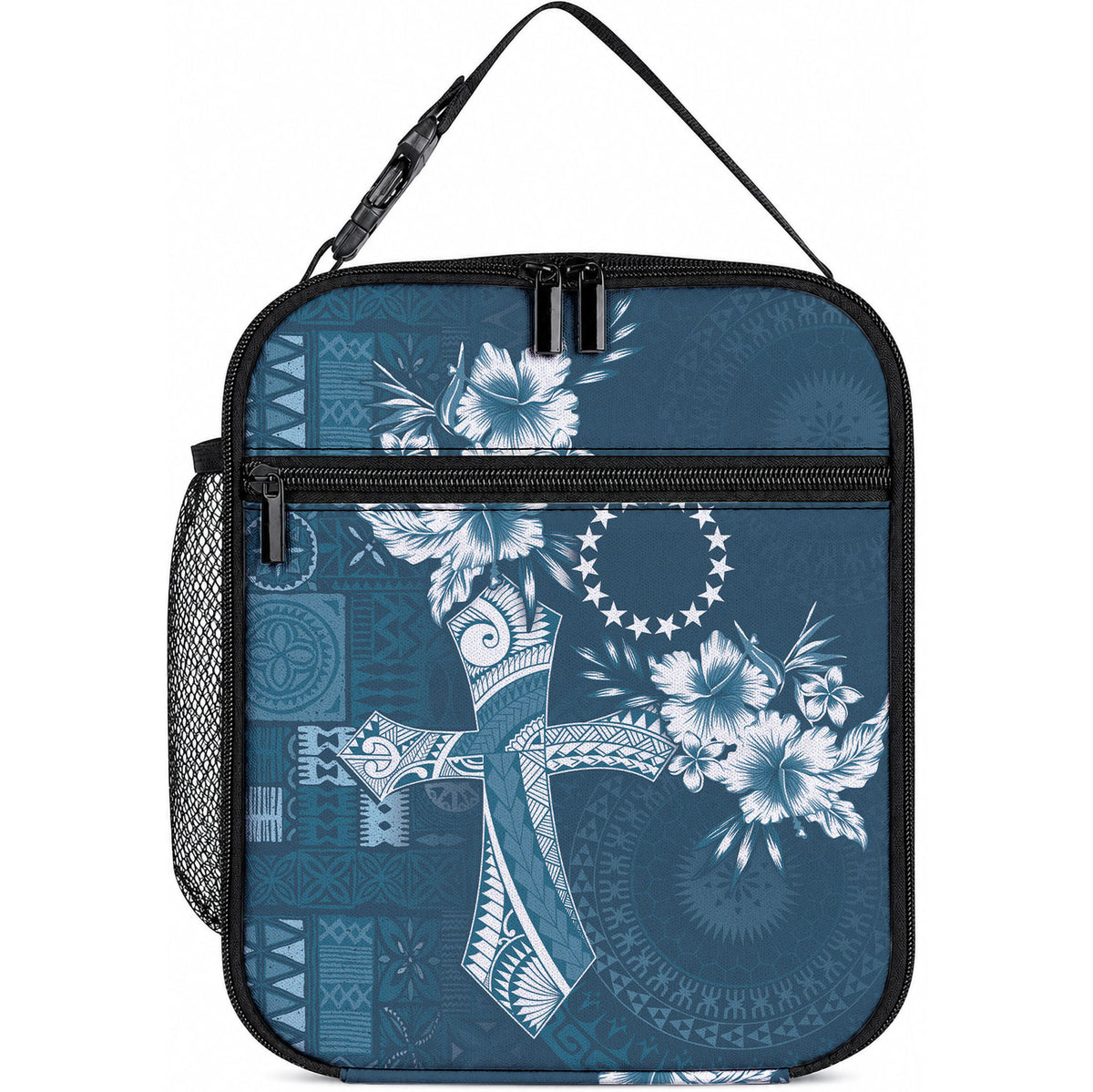 Kia Orana Cook Islands Tapa Floral With Cross Lunch Bag Navy Blue