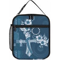 Kia Orana Cook Islands Tapa Floral With Cross Lunch Bag Navy Blue