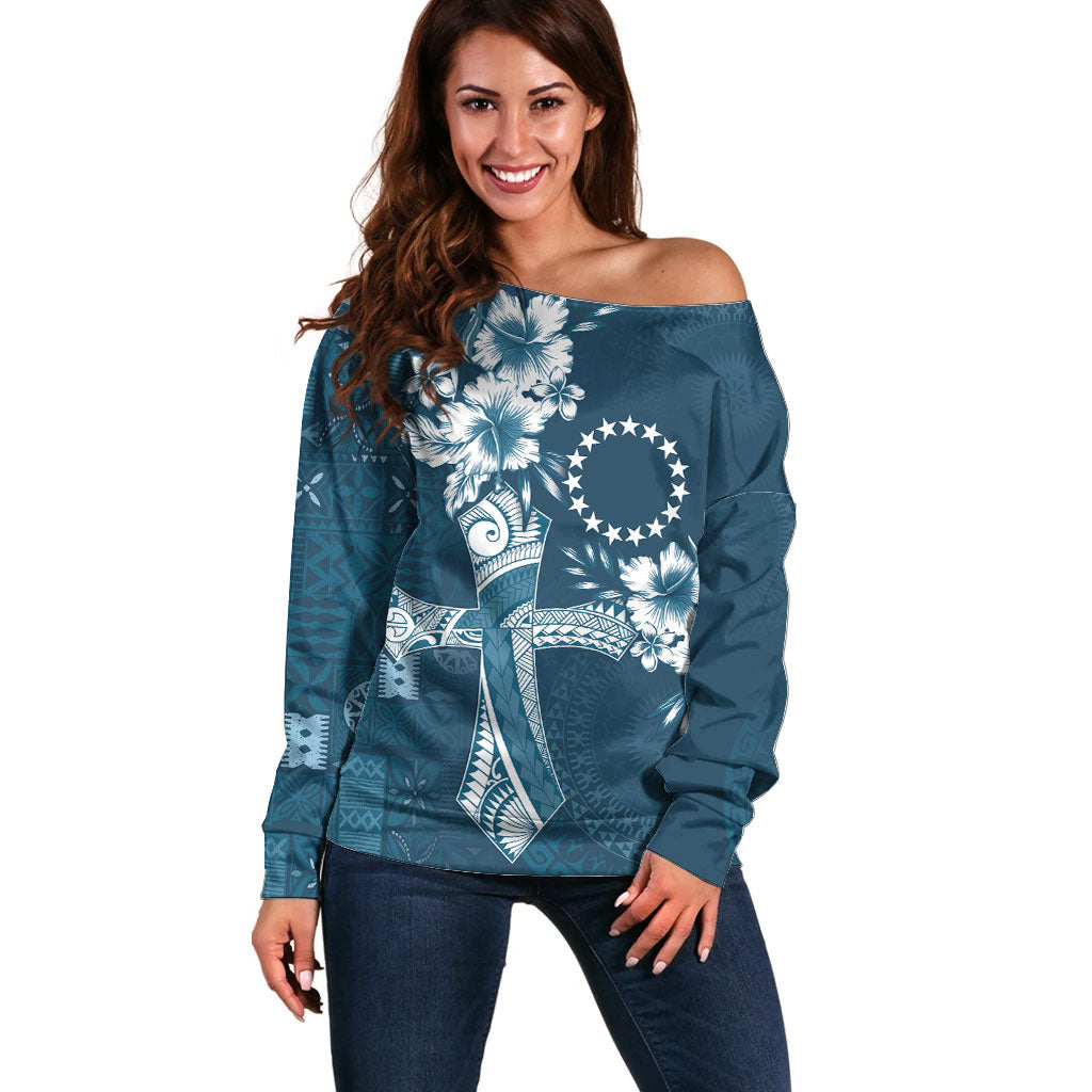 Kia Orana Cook Islands Tapa Floral With Cross Off Shoulder Sweater Navy Blue LT7 Women Navy Blue - Polynesian Pride