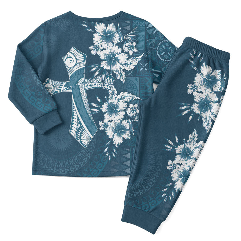 Kia Orana Cook Islands Tapa Floral With Cross Christmas Pajama Set Navy Blue LT7 - Polynesian Pride