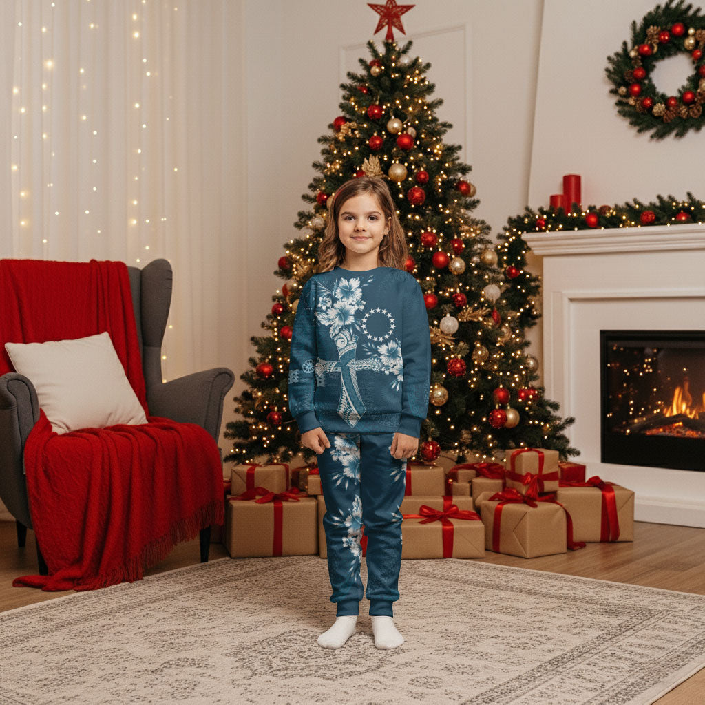 Kia Orana Cook Islands Tapa Floral With Cross Christmas Pajama Set Navy Blue LT7 Kid Navy Blue - Polynesian Pride