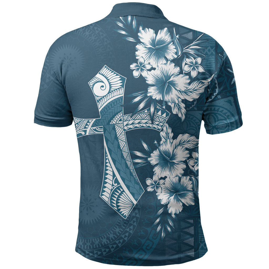 Kia Orana Cook Islands Tapa Floral With Cross Polo Shirt Navy Blue LT7 - Polynesian Pride