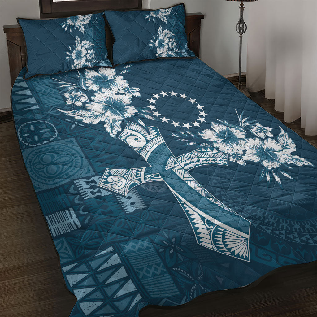 Kia Orana Cook Islands Tapa Floral With Cross Quilt Bed Set Navy Blue