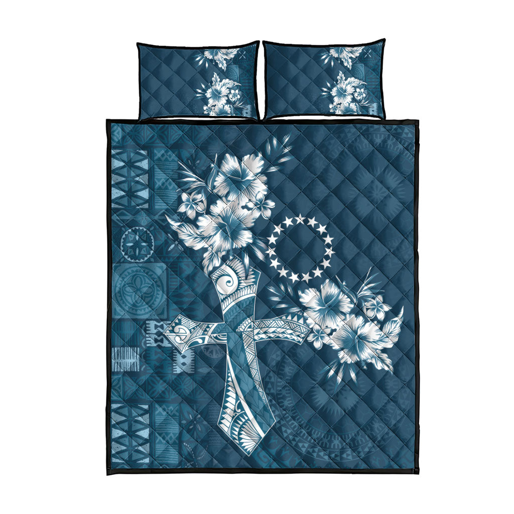 Kia Orana Cook Islands Tapa Floral With Cross Quilt Bed Set Navy Blue LT7 - Polynesian Pride