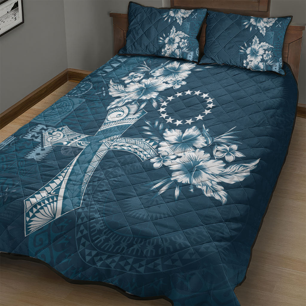 Kia Orana Cook Islands Tapa Floral With Cross Quilt Bed Set Navy Blue LT7 - Polynesian Pride