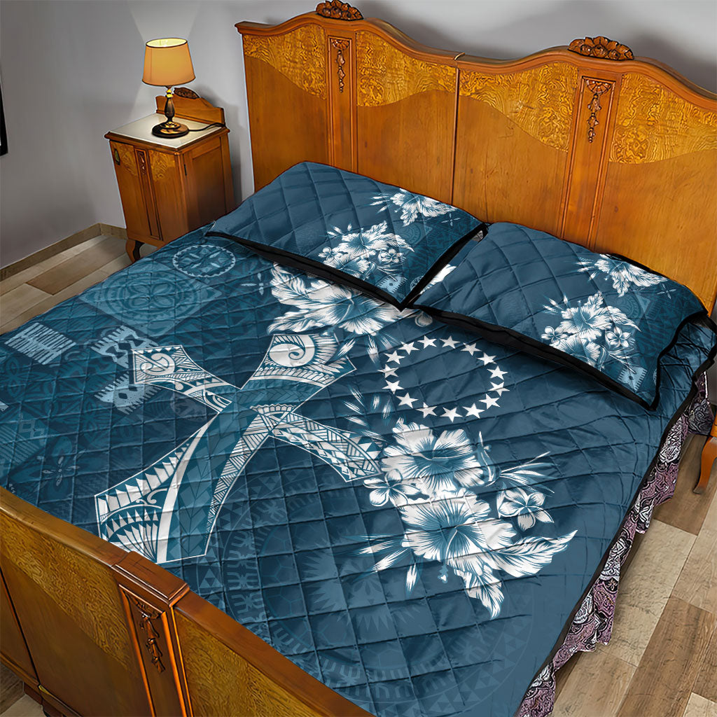 Kia Orana Cook Islands Tapa Floral With Cross Quilt Bed Set Navy Blue LT7 - Polynesian Pride