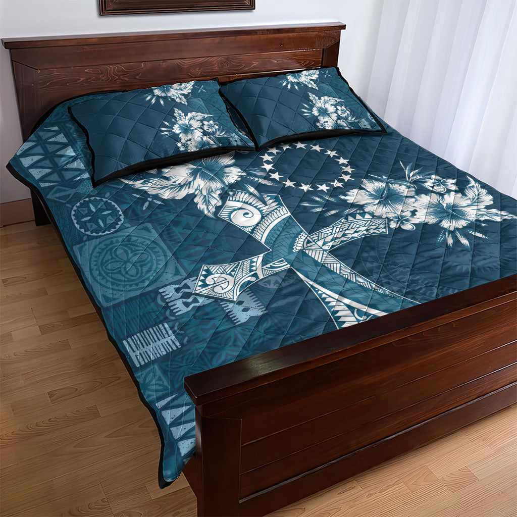 Kia Orana Cook Islands Tapa Floral With Cross Quilt Bed Set Navy Blue LT7 - Polynesian Pride
