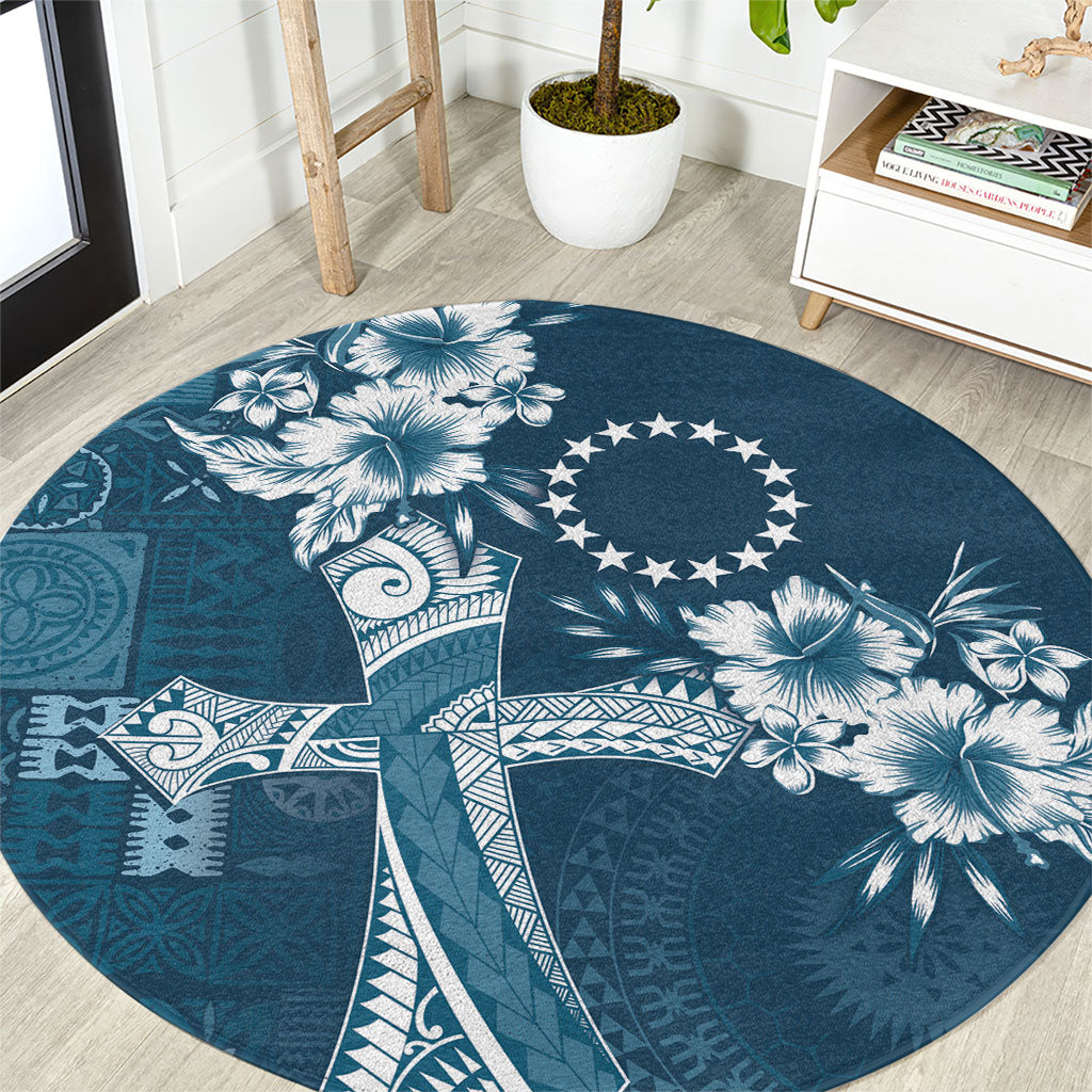 Kia Orana Cook Islands Tapa Floral With Cross Round Carpet Navy Blue