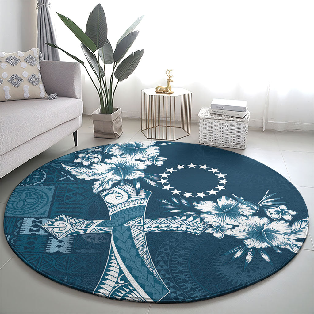 Kia Orana Cook Islands Tapa Floral With Cross Round Carpet Navy Blue
