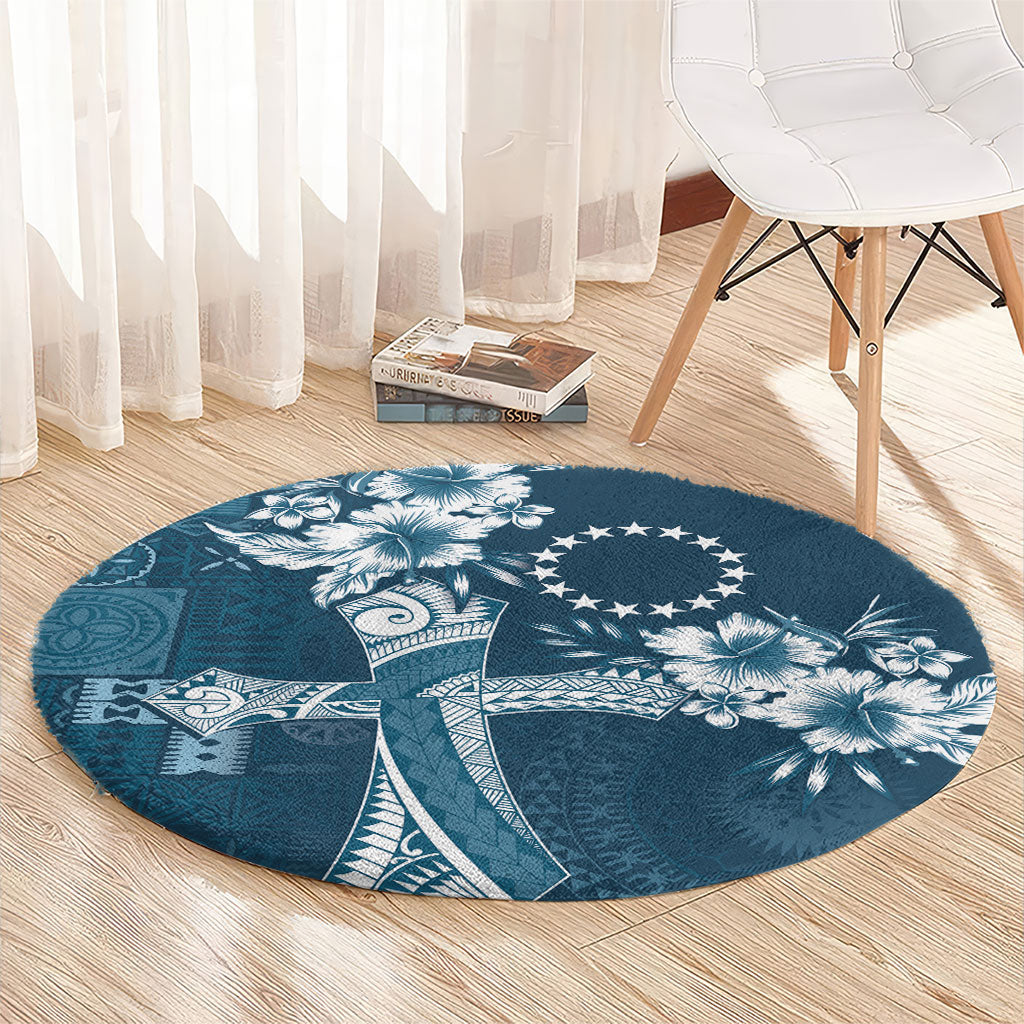 Kia Orana Cook Islands Tapa Floral With Cross Round Carpet Navy Blue