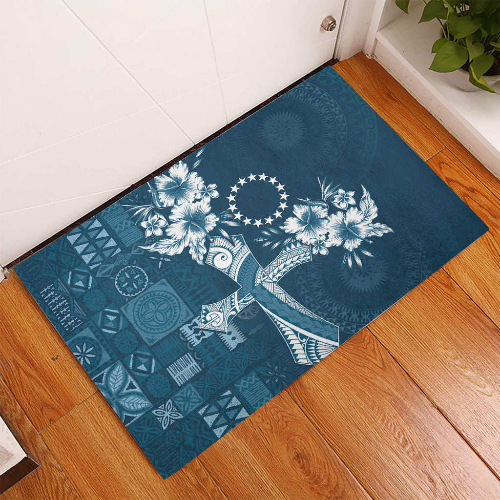 Kia Orana Cook Islands Tapa Floral With Cross Rubber Doormat Navy Blue LT7 - Polynesian Pride