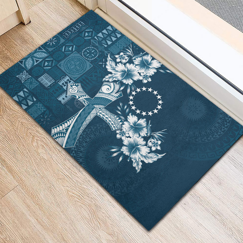 Kia Orana Cook Islands Tapa Floral With Cross Rubber Doormat Navy Blue LT7 - Polynesian Pride
