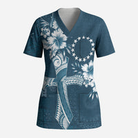 Kia Orana Cook Islands Tapa Floral With Cross Scrub Top Navy Blue