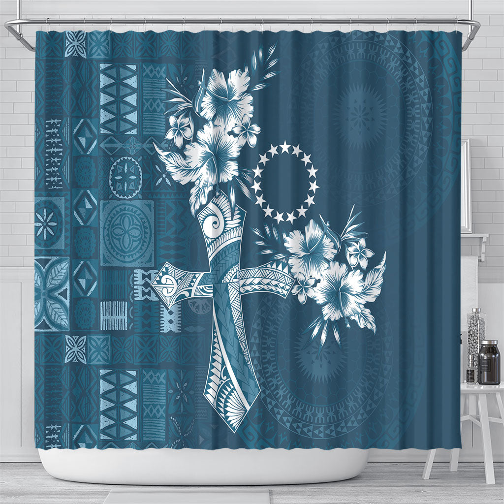 Kia Orana Cook Islands Tapa Floral With Cross Shower Curtain Navy Blue LT7 - Polynesian Pride