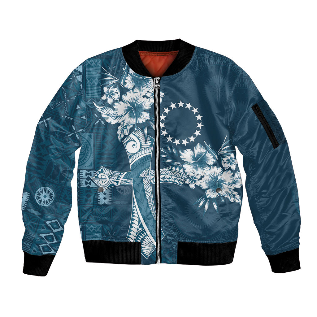 Kia Orana Cook Islands Tapa Floral With Cross Sleeve Zip Bomber Jacket Navy Blue LT7 Unisex Navy Blue - Polynesian Pride