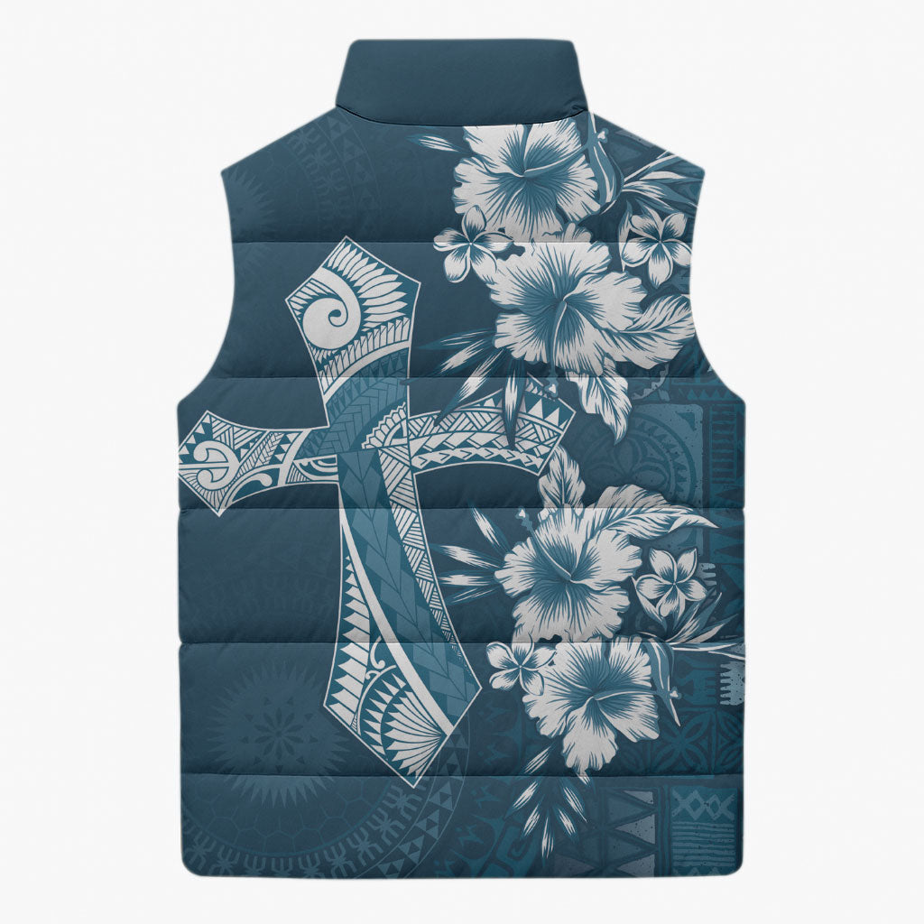 Kia Orana Cook Islands Tapa Floral With Cross Sleeveless Puffer Jacket Navy Blue LT7 - Polynesian Pride