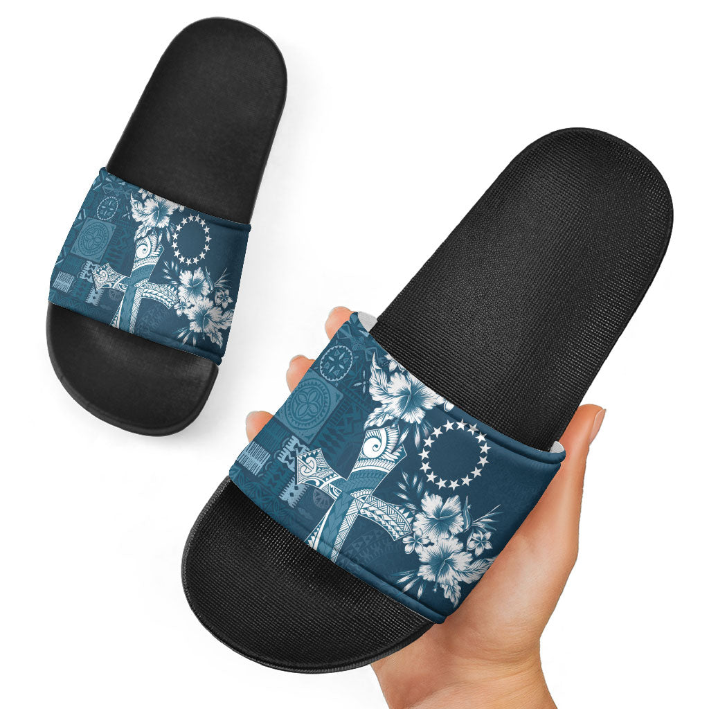 Kia Orana Cook Islands Tapa Floral With Cross Slide Sandals Navy Blue LT7 - Polynesian Pride