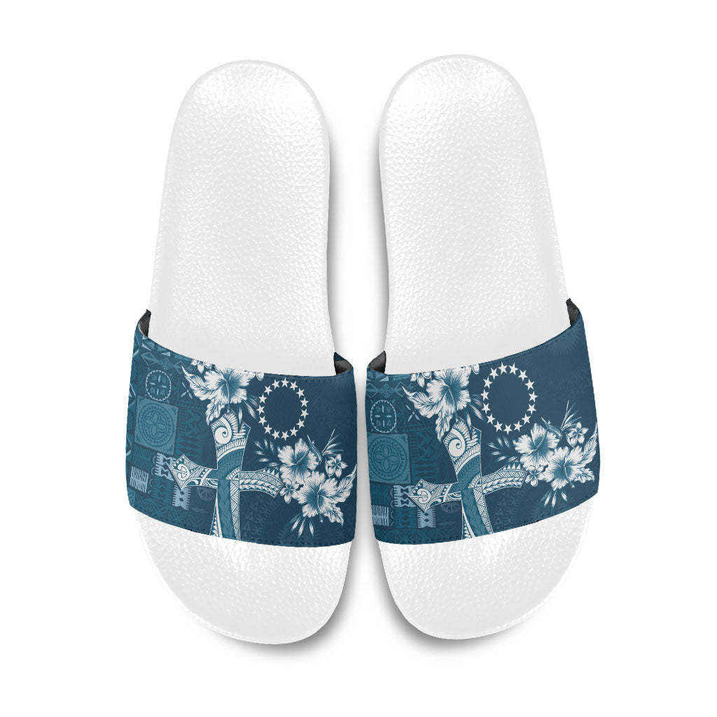 Kia Orana Cook Islands Tapa Floral With Cross Slide Sandals Navy Blue LT7 Navy Blue - Polynesian Pride