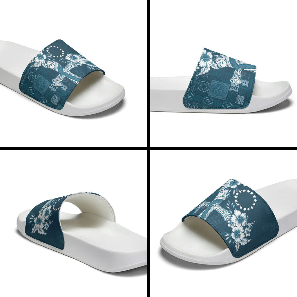 Kia Orana Cook Islands Tapa Floral With Cross Slide Sandals Navy Blue LT7 - Polynesian Pride