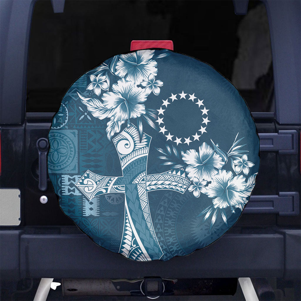 Kia Orana Cook Islands Tapa Floral With Cross Spare Tire Cover Navy Blue LT7 No hole Navy Blue - Polynesian Pride
